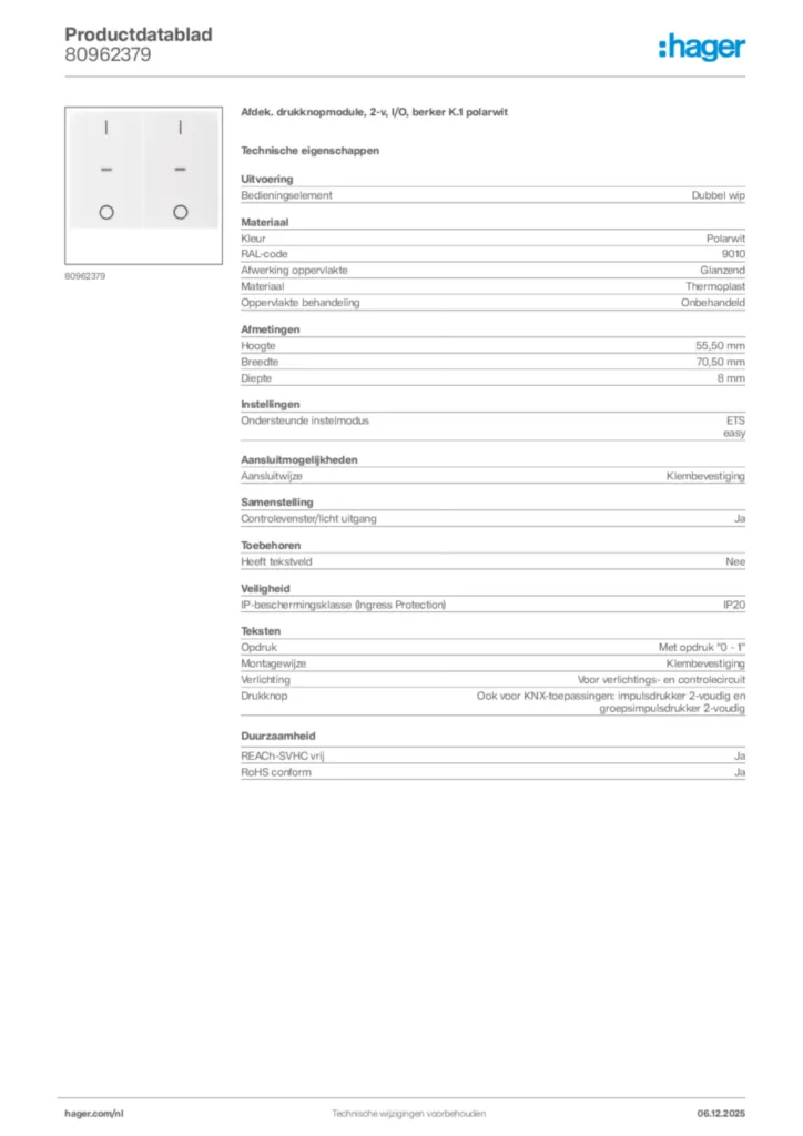 Afbeelding Hager Productdatablad 80962379 | Hager Nederland