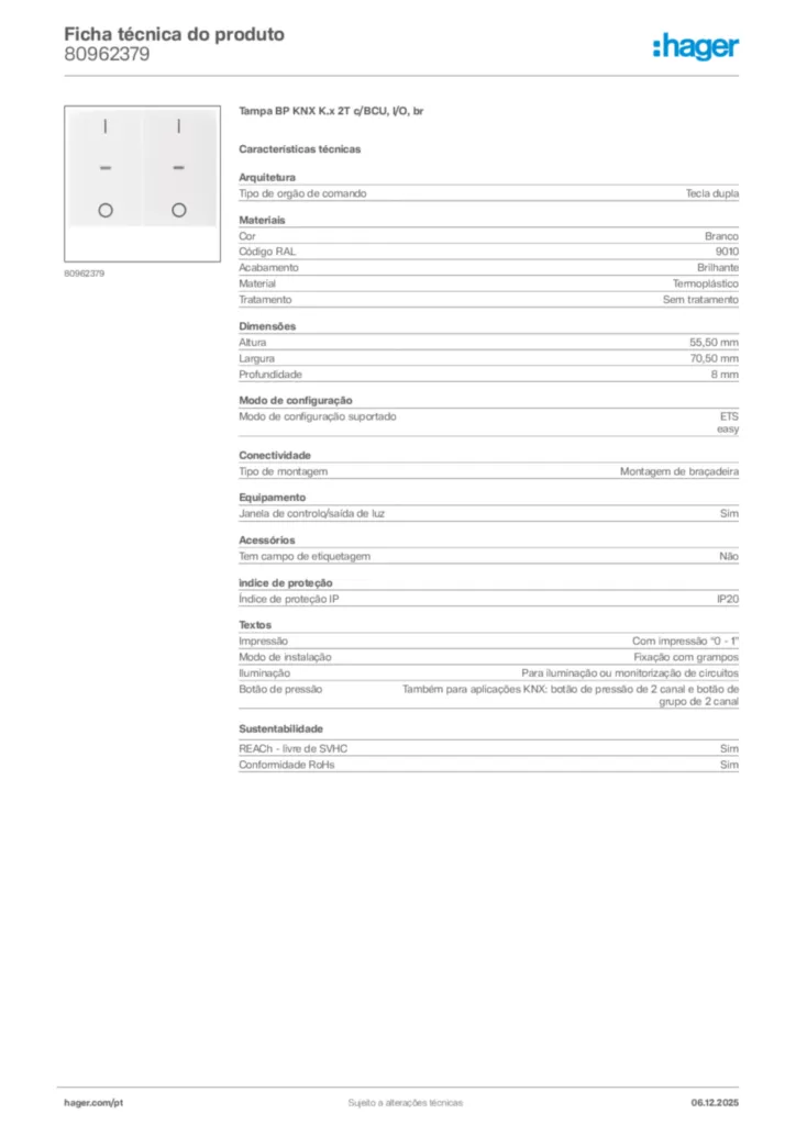 Imagem Hager Ficha técnica do produto 80962379 | Hager Portugal