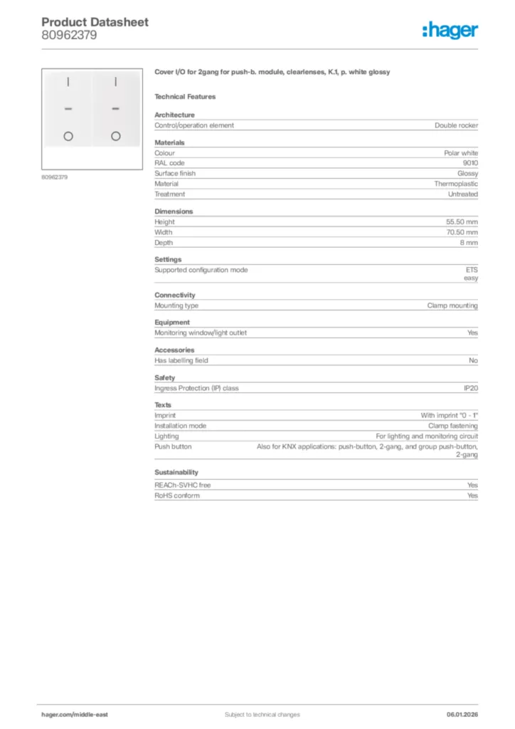 Image Hager Product data sheet 80962379  | Hager