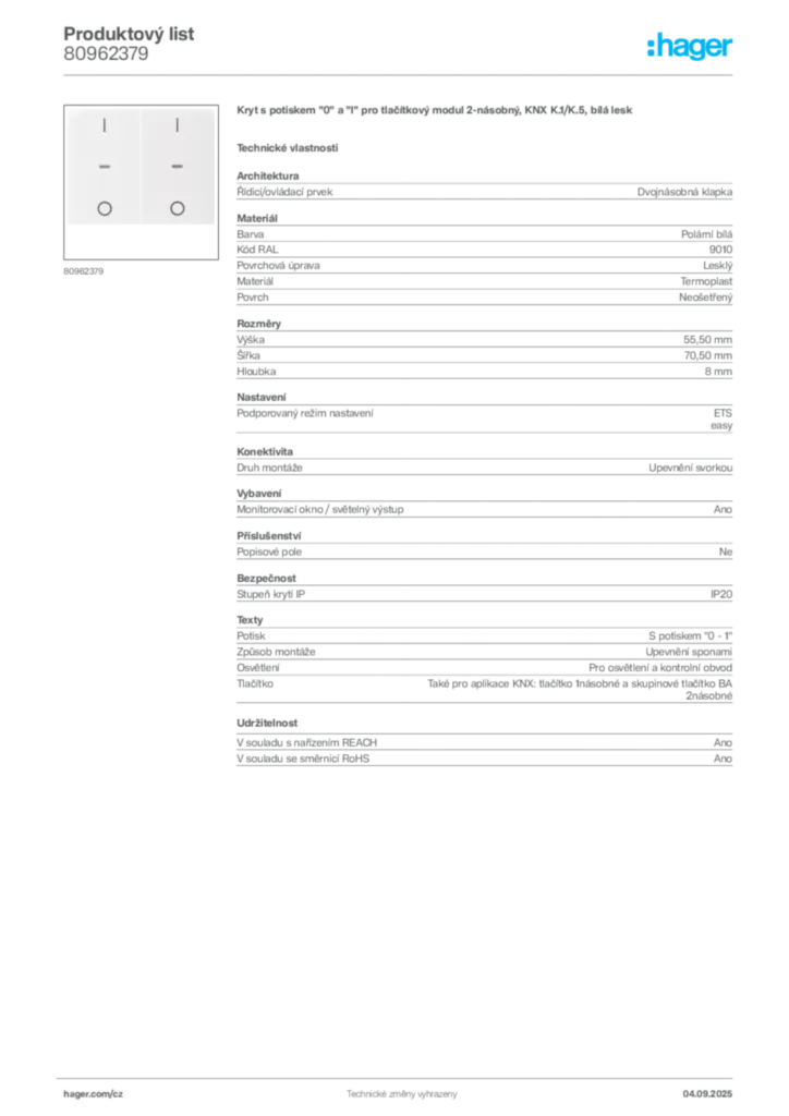 Obrázek Hager Produktový list 80962379 | Hager