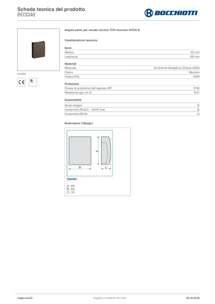 Immagine Bocchiotti Scheda tecnica del prodotto B03248 | Hager Italia