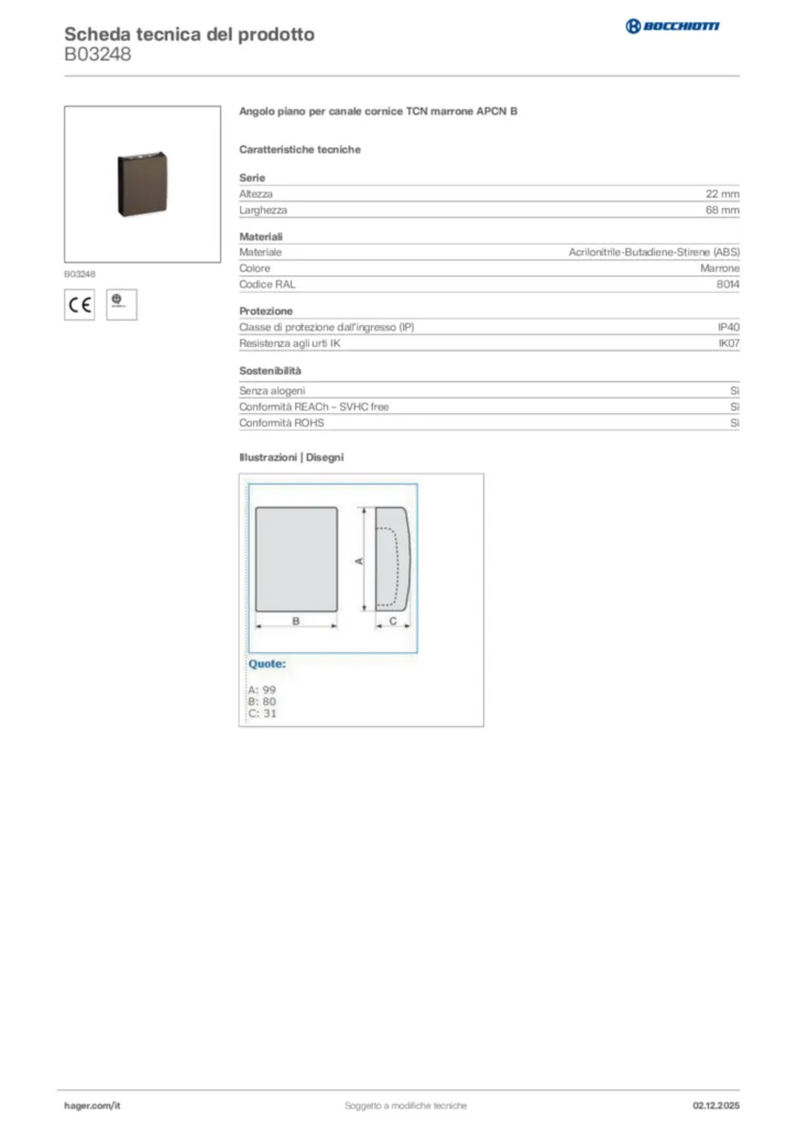 Immagine Bocchiotti Scheda tecnica del prodotto B03248 | Hager Italia