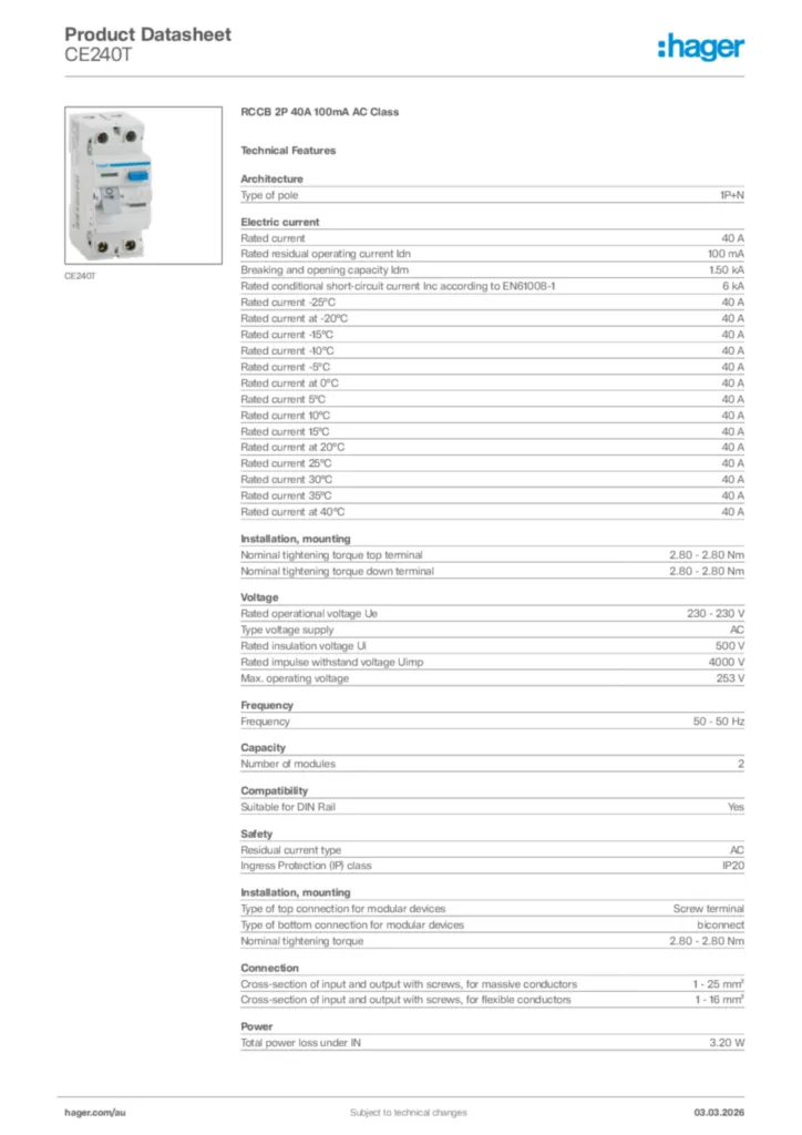 Image Hager Product data sheet CE240T  | Hager Australia