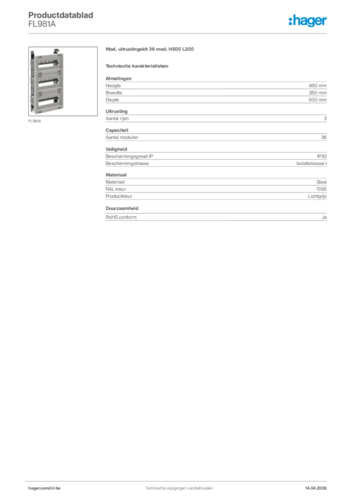 Afbeelding Hager Productdatablad FL981A | Hager Belgium