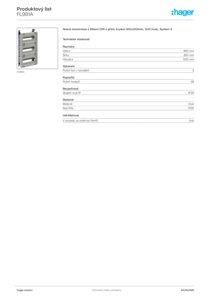 Obrázek Hager Produktový list FL981A | Hager