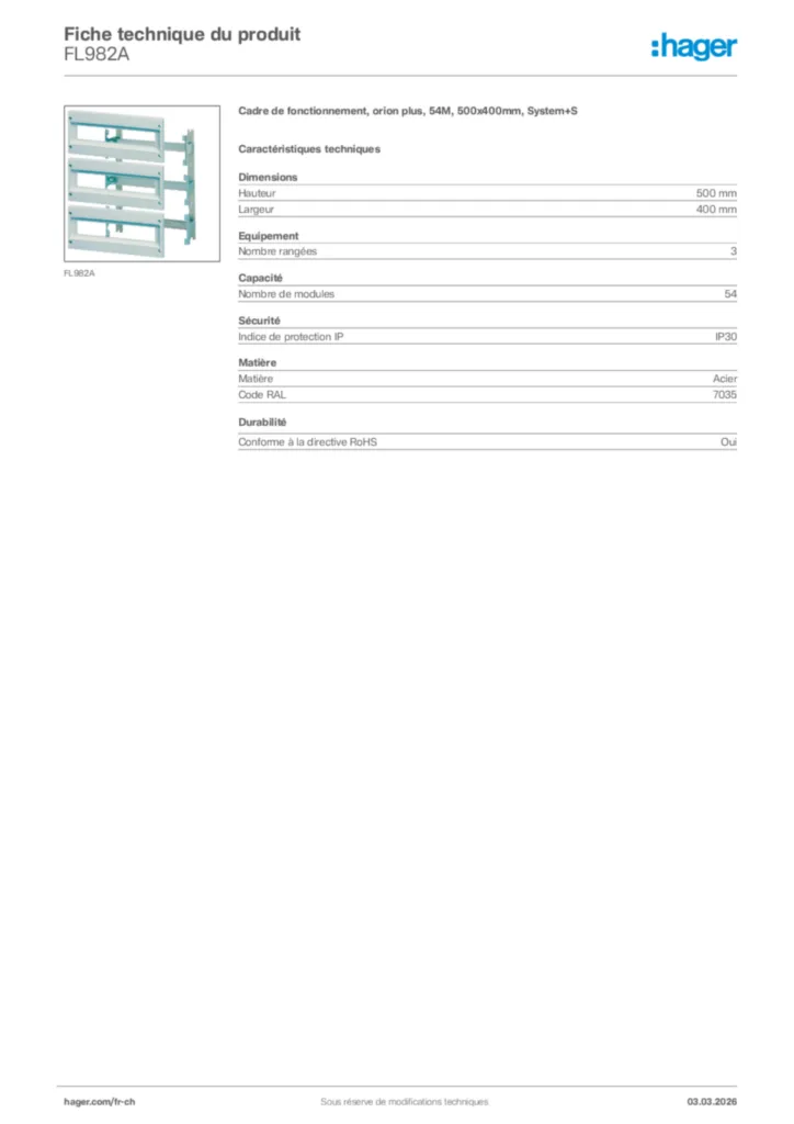 Image Hager Fiche technique du produit FL982A | Hager Suisse
