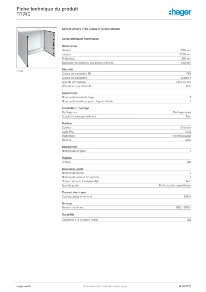 Image Hager Fiche technique du produit FR74S | Hager France