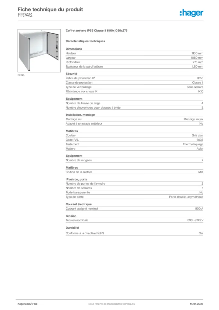 Image Hager Fiche technique du produit FR74S | Hager Belgique