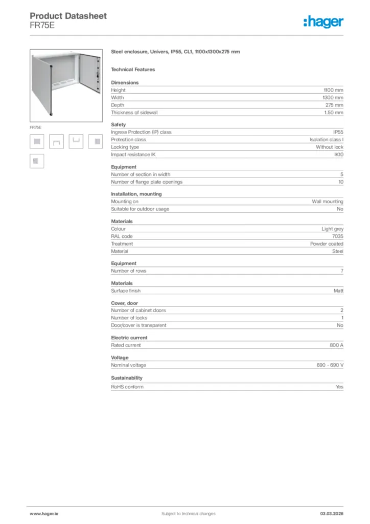 Image Hager Product data sheet FR75E  | Hager