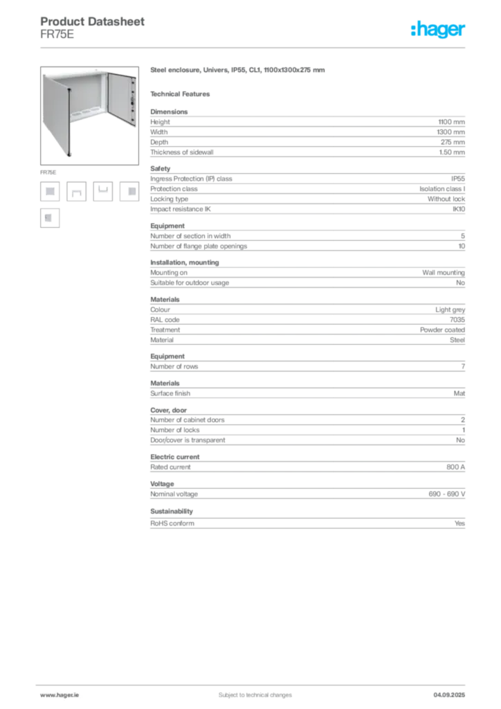 Image Hager Product data sheet FR75E  | Hager