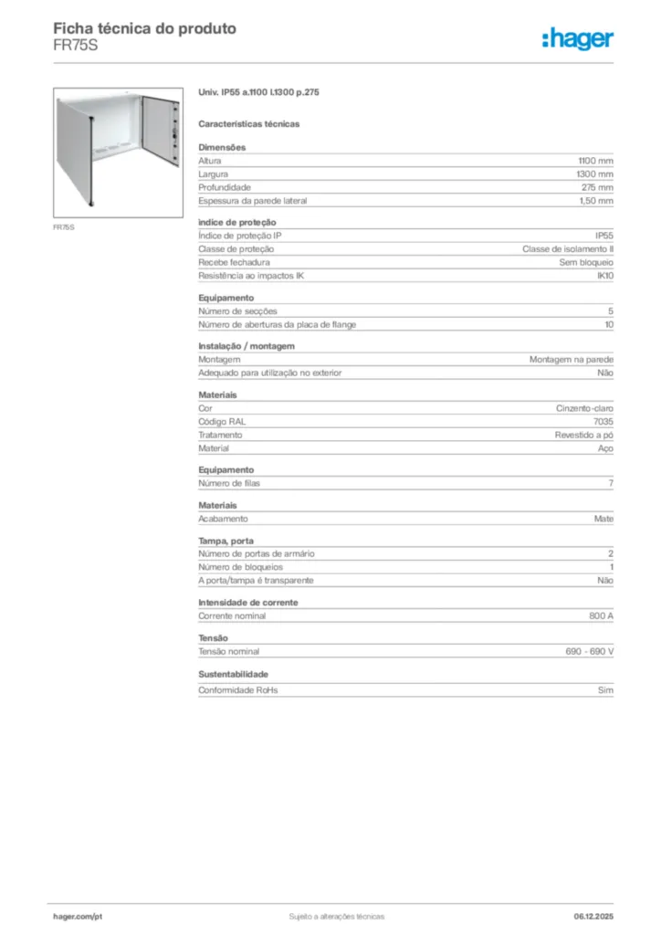 Imagem Hager Ficha técnica do produto FR75S | Hager Portugal