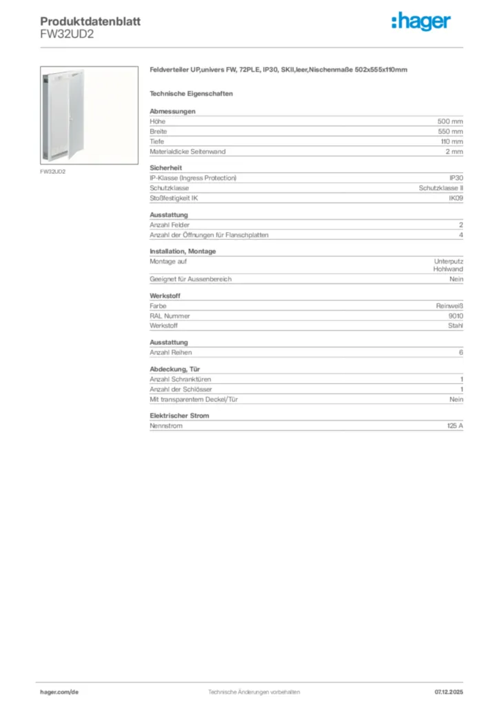 Bild Hager Produktdatenblatt FW32UD2 | Hager Deutschland