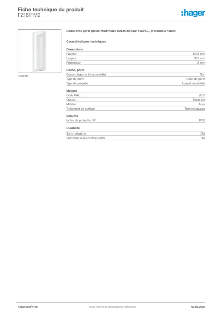 Image Hager Fiche technique du produit FZ161FM2 | Hager Suisse