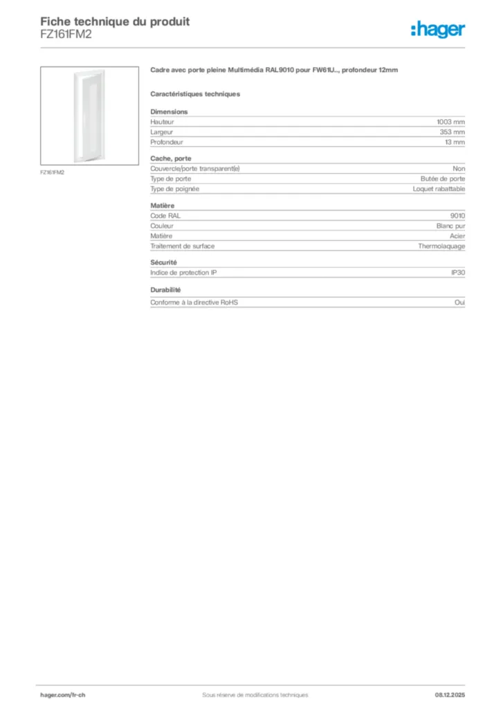 Image Hager Fiche technique du produit FZ161FM2 | Hager Suisse