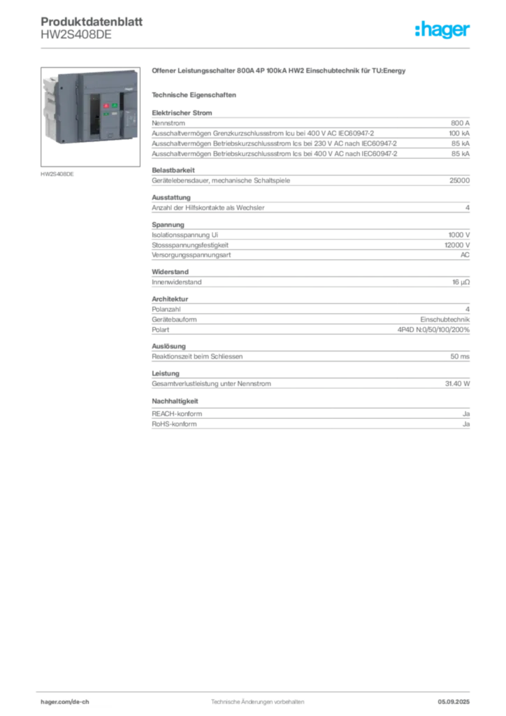 Bild Hager Produktdatenblatt HW2S408DE | Hager Schweiz