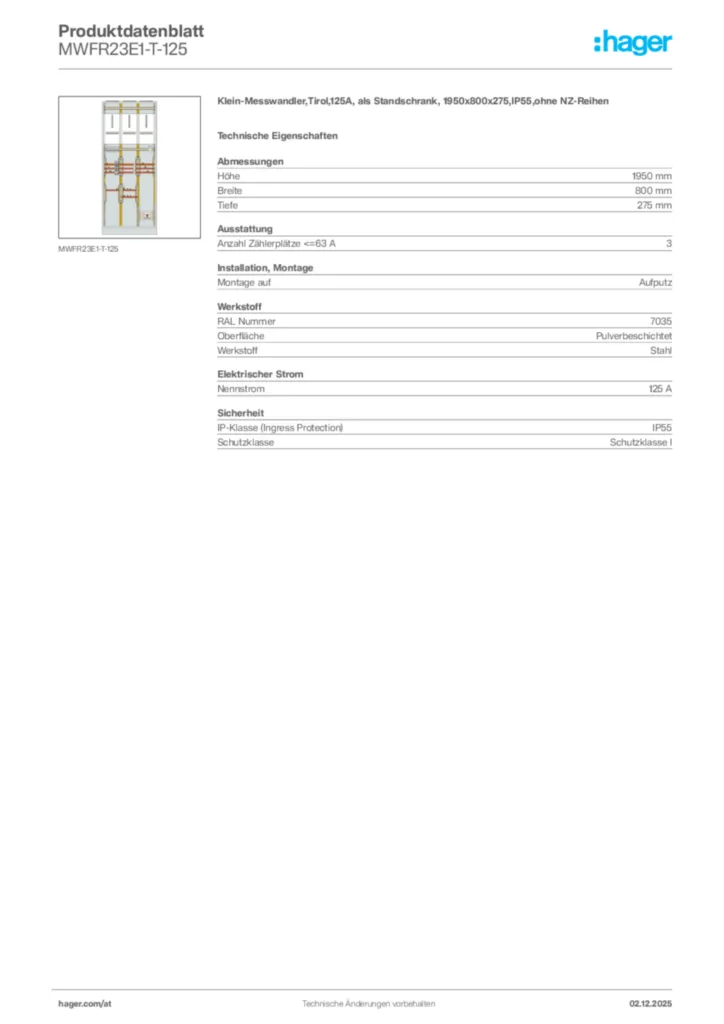 Bild Hager Produktdatenblatt MWFR23E1-T-125 | Hager Deutschland