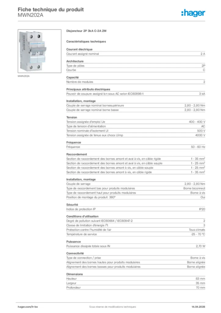 Image Hager Fiche technique du produit MWN202A | Hager Belgique
