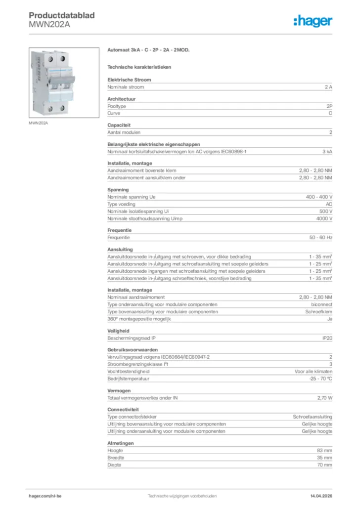 Afbeelding Hager Productdatablad MWN202A | Hager Belgium