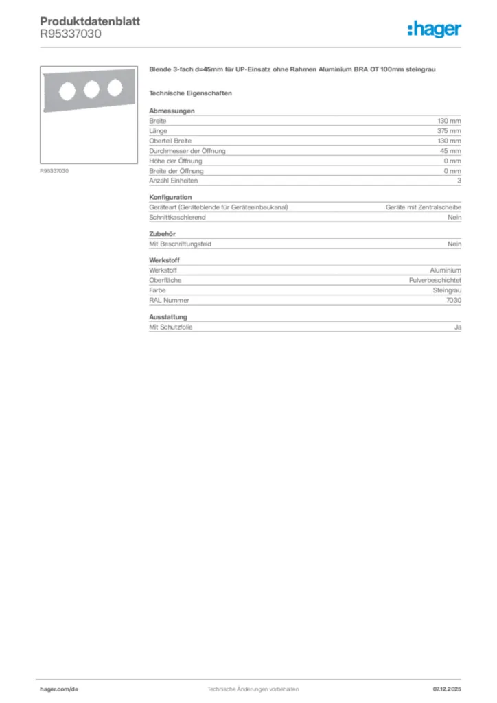 Bild Hager Produktdatenblatt R95337030 | Hager Deutschland