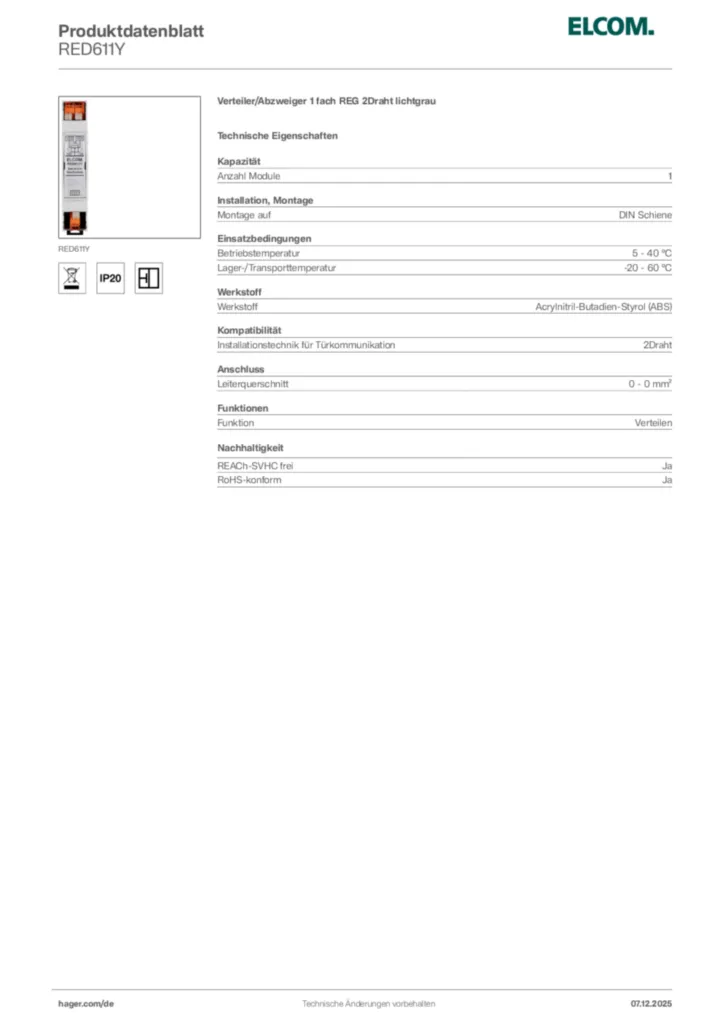 Bild Elcom Produktdatenblatt RED611Y | Hager Deutschland