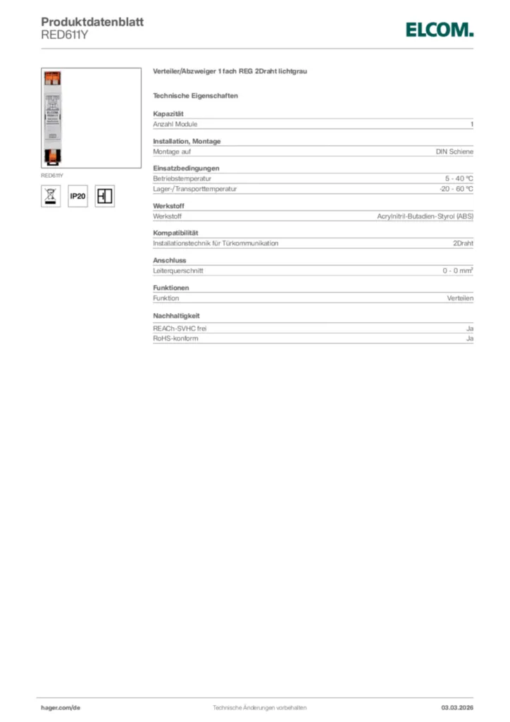 Bild Elcom Produktdatenblatt RED611Y | Hager Deutschland