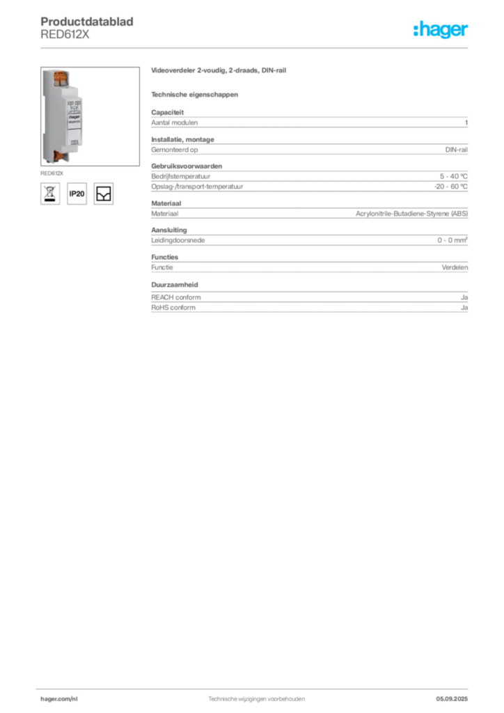 Afbeelding Hager Productdatablad RED612X | Hager Nederland