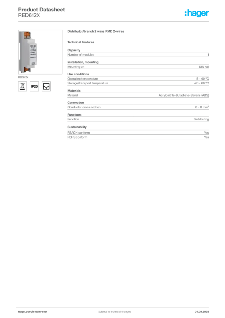 Image Hager Product data sheet RED612X  | Hager