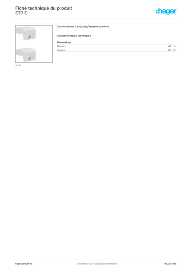 Image Hager Fiche technique du produit ST010 | Hager Belgique