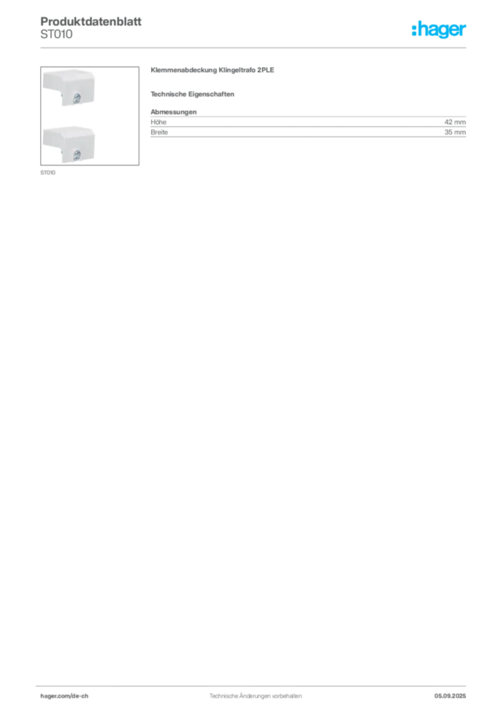 Bild Hager Produktdatenblatt ST010 | Hager Schweiz