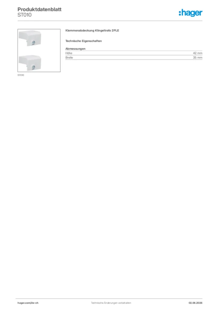 Bild Hager Produktdatenblatt ST010 | Hager Schweiz