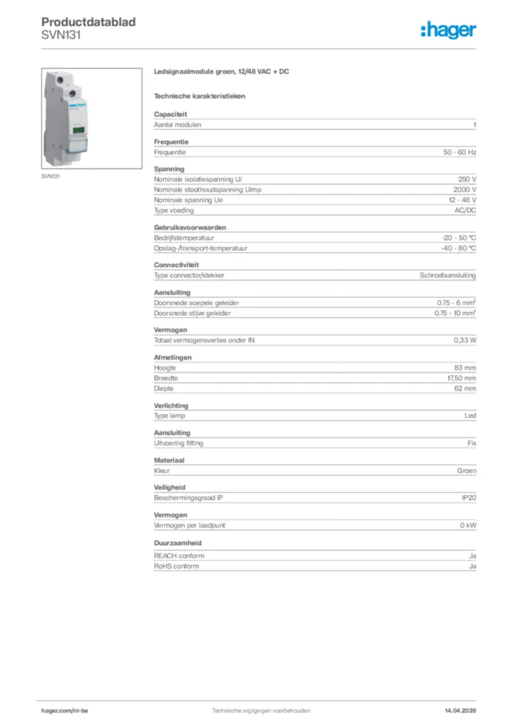 Afbeelding Hager Productdatablad SVN131 | Hager Belgium