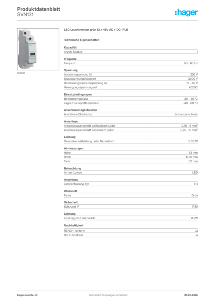 Bild Hager Produktdatenblatt SVN131 | Hager Schweiz