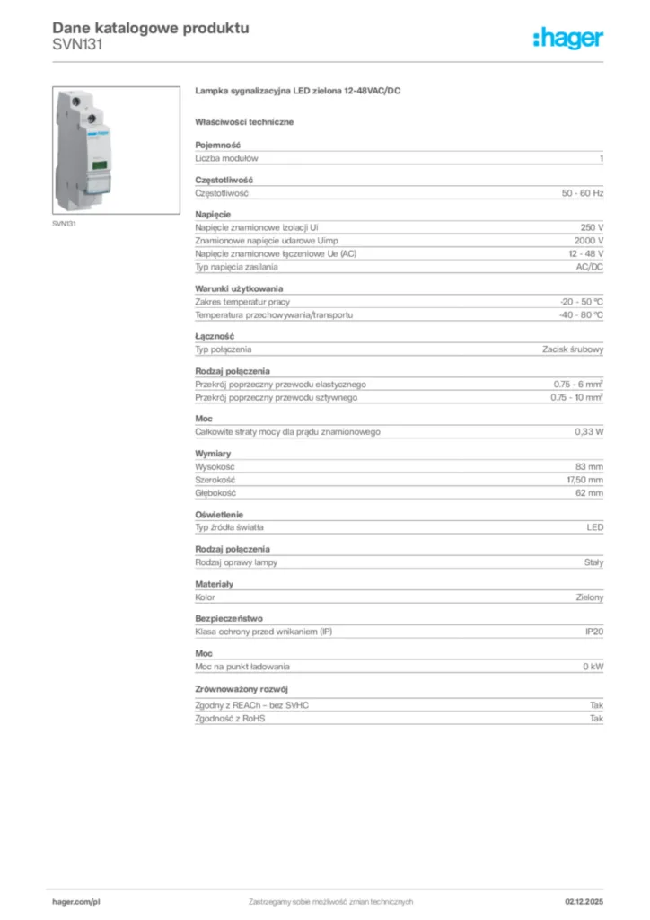 Zdjęcie Hager Dane katalogowe produktu SVN131 | Hager Polska