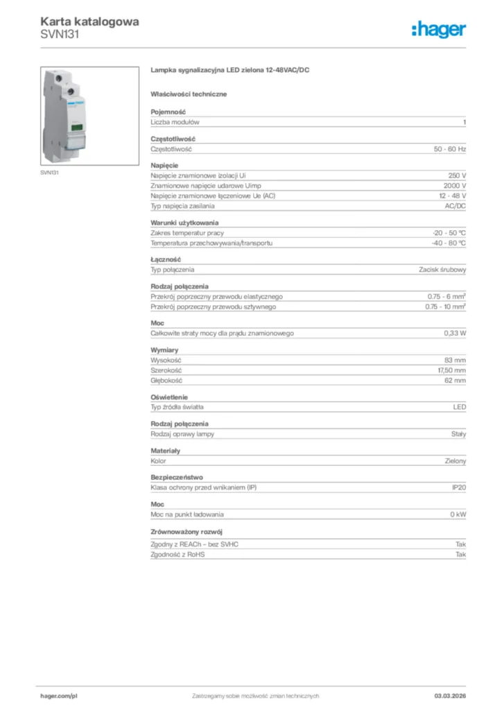 Zdjęcie Hager Karta katalogowa SVN131 | Hager Polska