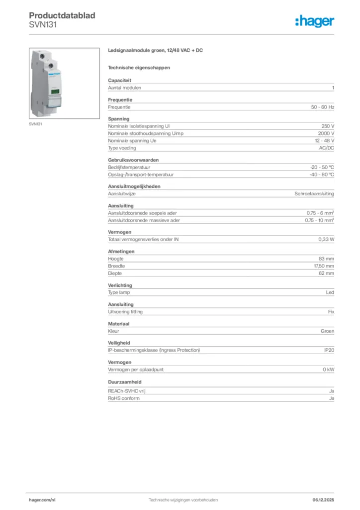 Afbeelding Hager Productdatablad SVN131 | Hager Nederland