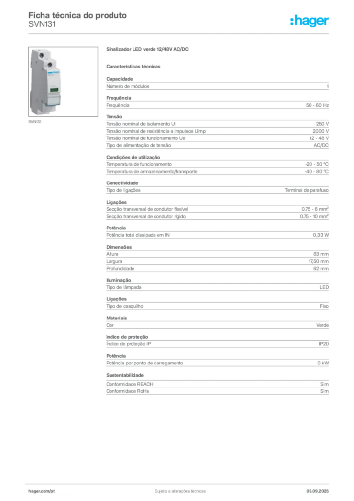 Imagem Hager Ficha técnica do produto SVN131 | Hager Portugal