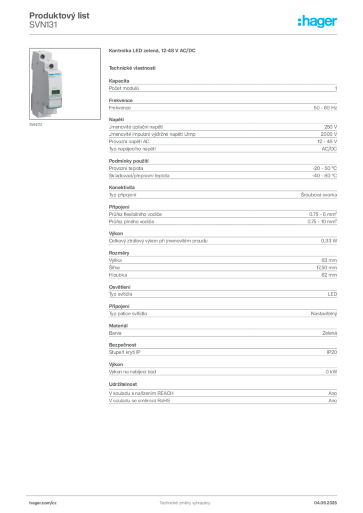 Obrázek Hager Produktový list SVN131 | Hager