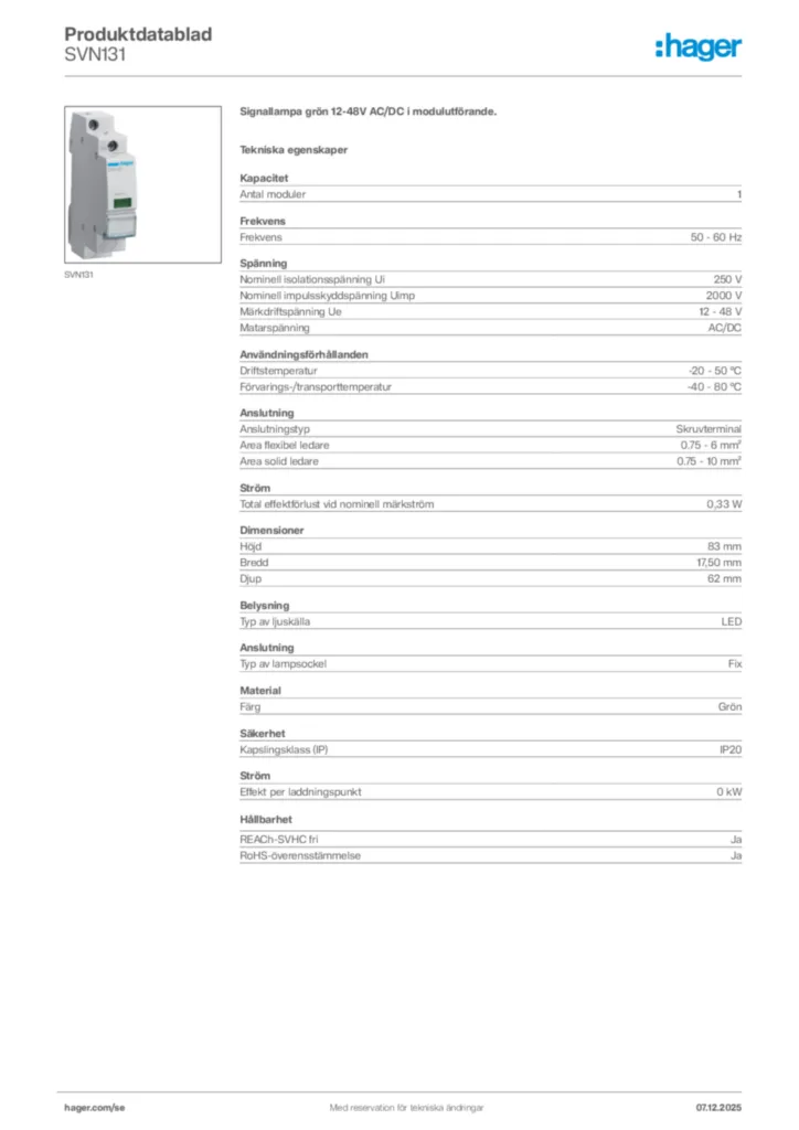 Bild Hager Produktdatablad SVN131 | Hager Sverige