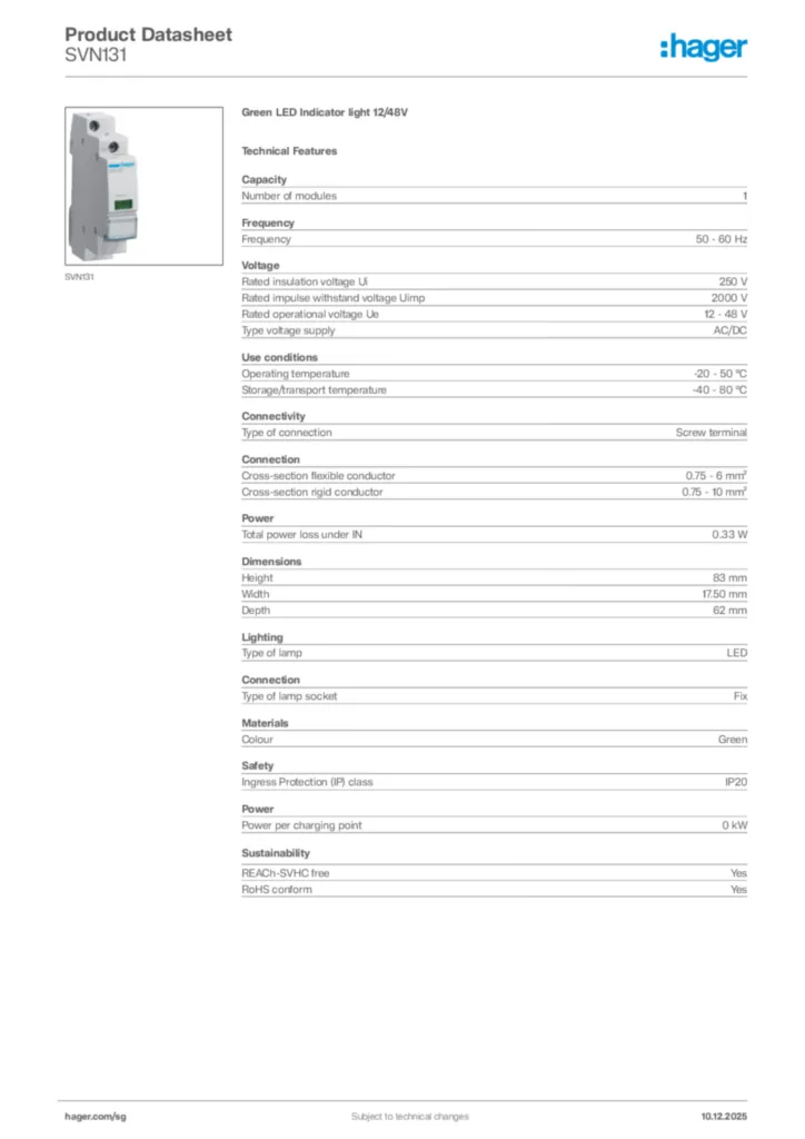 Image Hager Product data sheet SVN131  | Hager