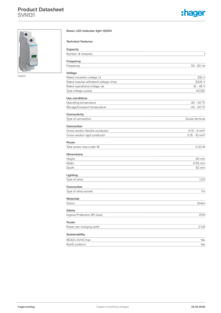 Image Hager Product data sheet SVN131  | Hager
