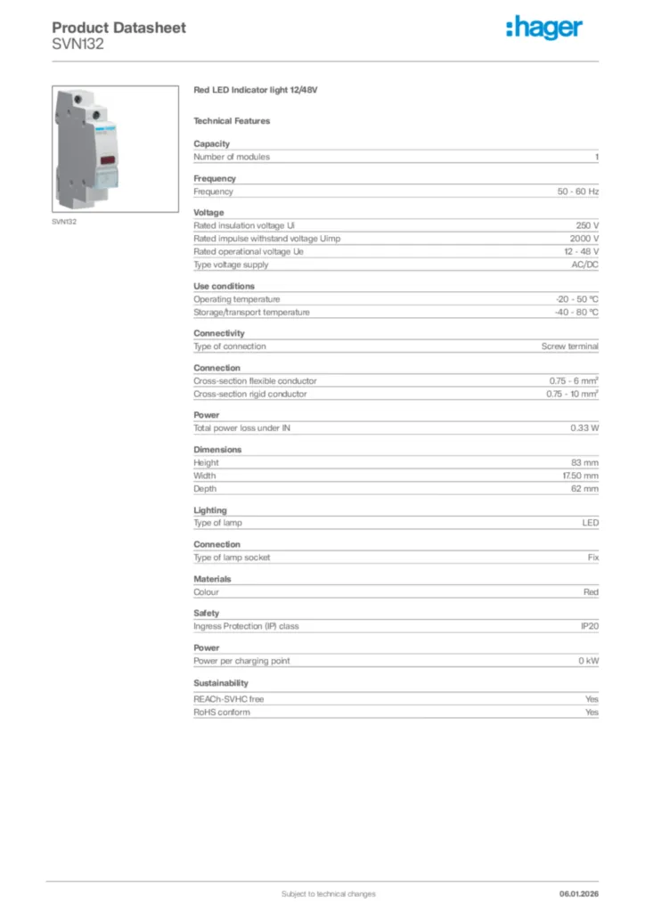 Image Hager Product data sheet SVN132  | Hager Africa