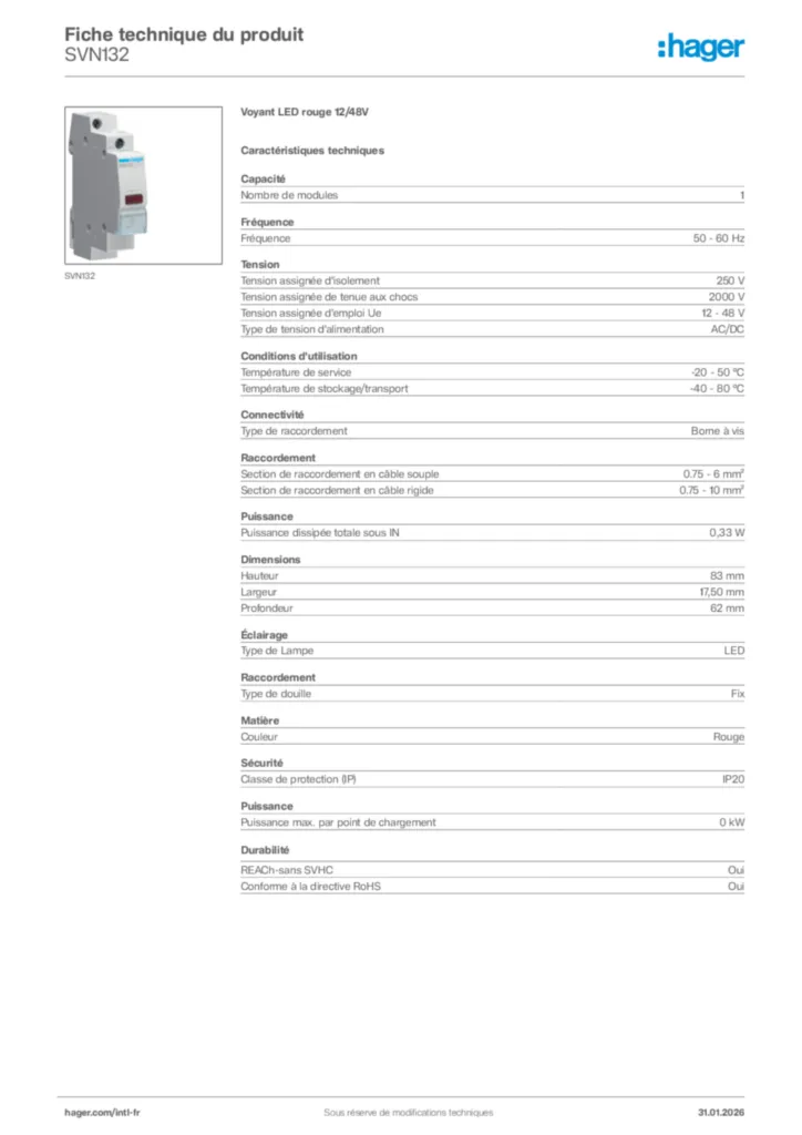 Image Hager Fiche technique du produit SVN132 | Hager Afrique