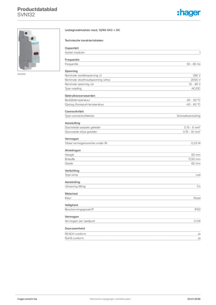 Afbeelding Hager Productdatablad SVN132 | Hager Belgium