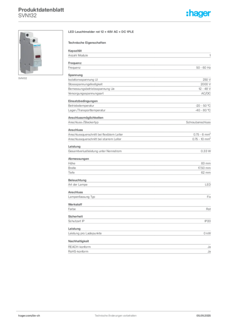 Bild Hager Produktdatenblatt SVN132 | Hager Schweiz