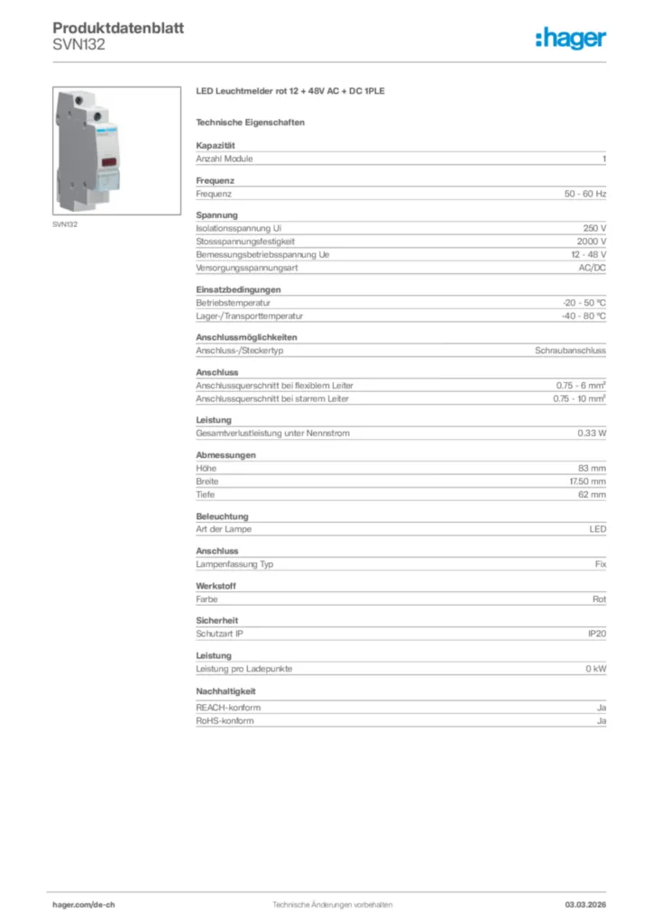 Bild Hager Produktdatenblatt SVN132 | Hager Schweiz