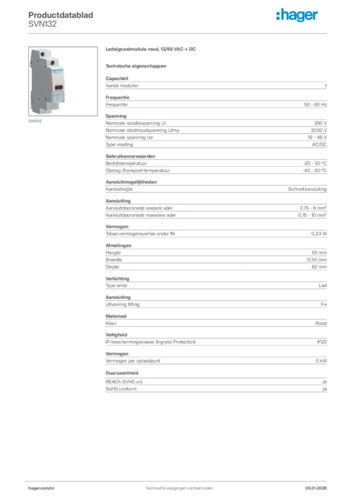 Afbeelding Hager Productdatablad SVN132 | Hager Nederland