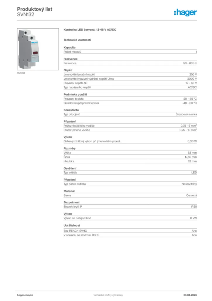 Obrázek Hager Product data sheet SVN132 | Hager