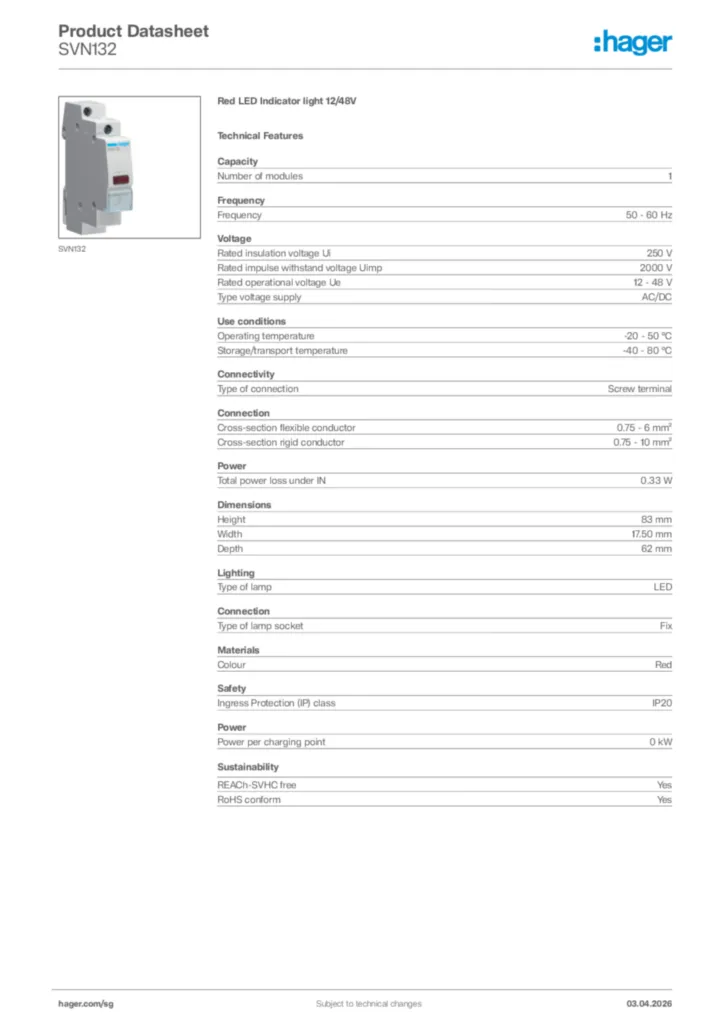 Image Hager Product data sheet SVN132  | Hager