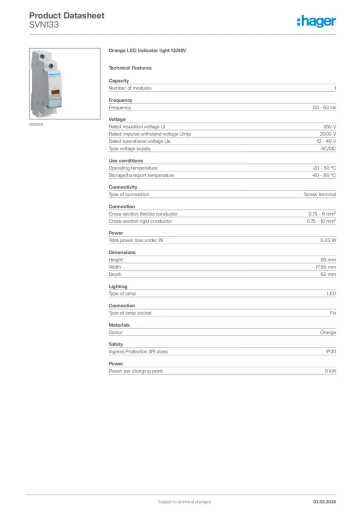 Image Hager Product data sheet SVN133  | Hager Africa