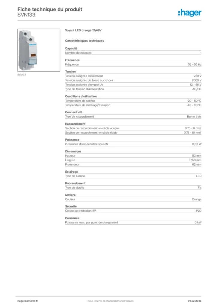 Image Hager Fiche technique du produit SVN133 | Hager Afrique